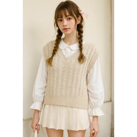 Cupcakes and Cashmere Cable Knit Sweater Vest Size M Beige Sleeveless Coquette - Picture 1 of 13